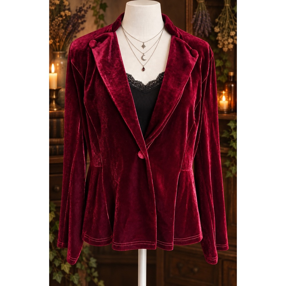 Allegra K Peplum Blazer Velvet Large Burgundy Whimsigoth Dark Acedemia Witchy